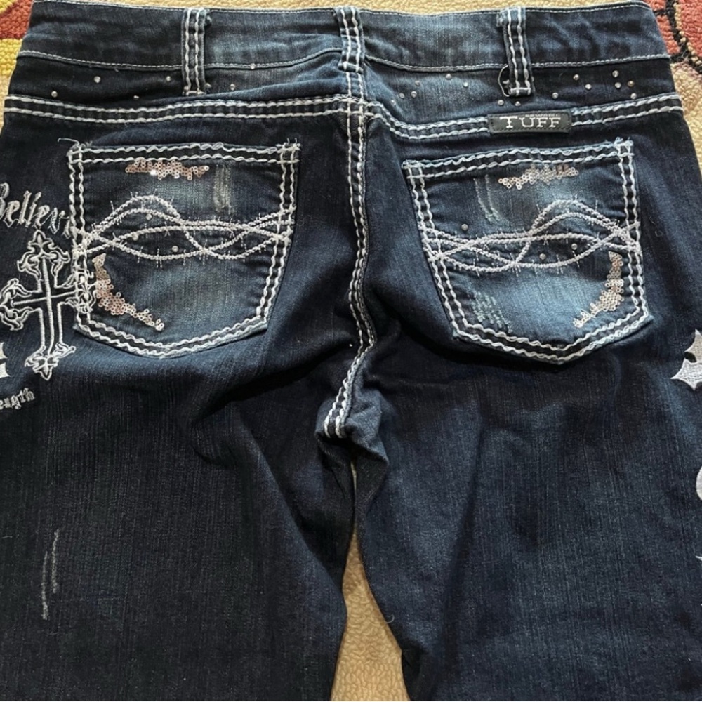 Cowgirl Tuff Women's Boot Cut Jeans - Dark Blue with White Stitching